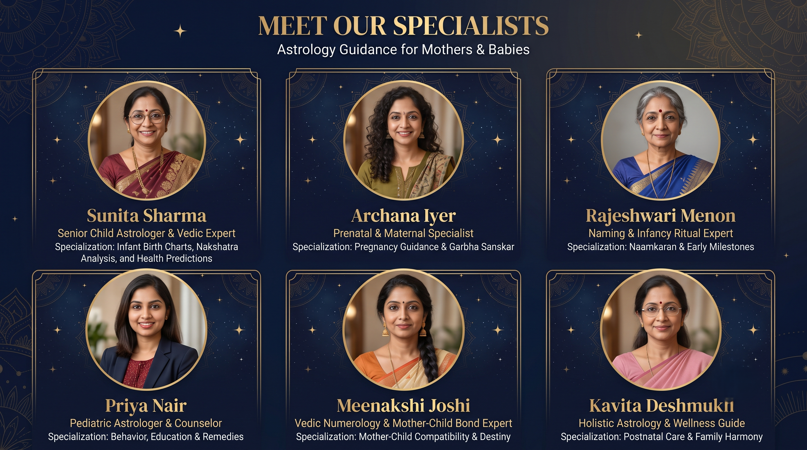 Meet our specialists — Sunita Sharma, Archana Iyer, Rajeshwari Menon, Priya Nair, Meenakshi Joshi and Kavita Deshmukh, astrology guides for mothers and babies